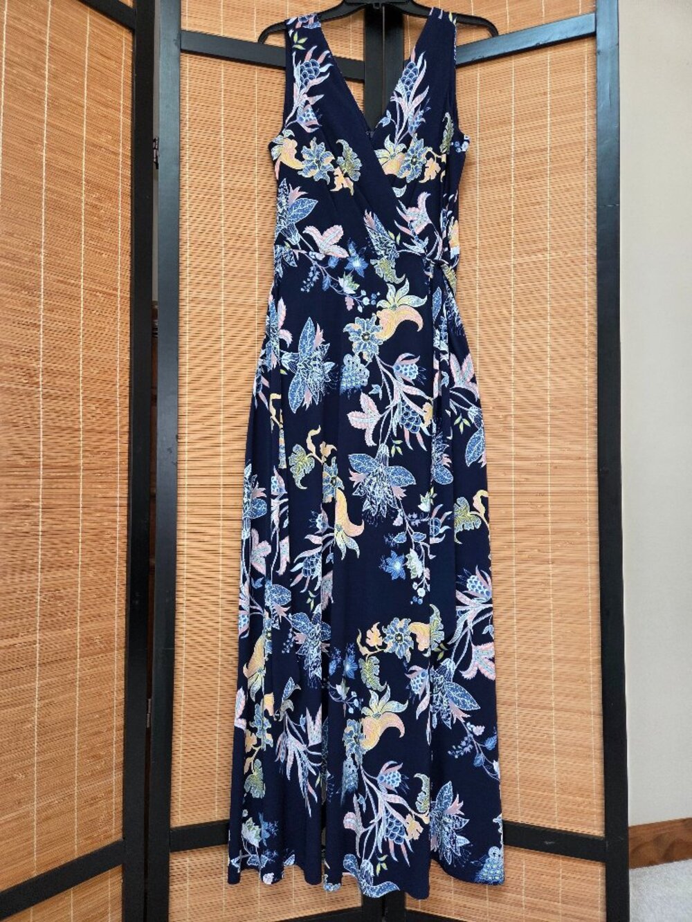 Leslie Fay Maxi Wrap Dress 12 Sleeveless Belted Navy Floral Formal Cruise Party